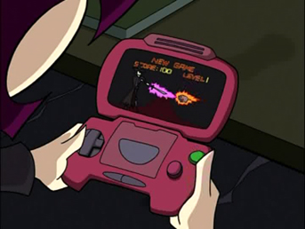 An image of Gaz from Invader Zim playing the Game Slave 2 system. Behind the shoulder shot.